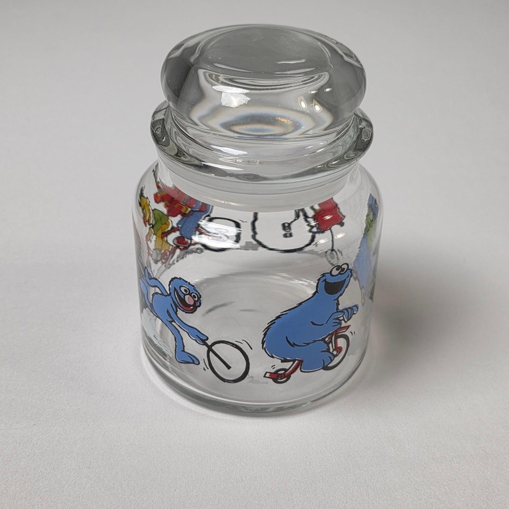 Anchor Hocking Sesame Street Vintage Glass Candy Jar Bert Ernie Oscar Big Bird